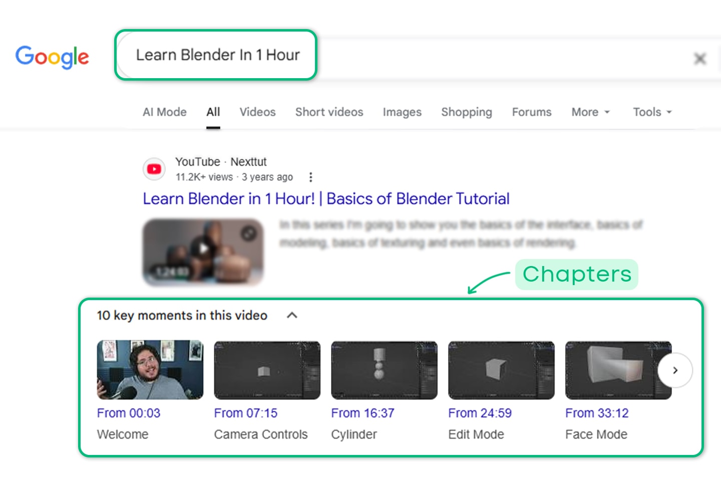 Google search results showing YouTube videos with chapter timestamps