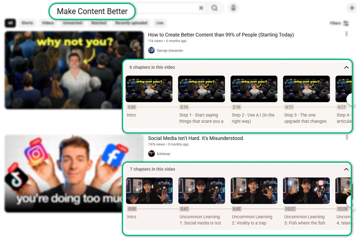 YouTube search results showing chaptered videos with timestamps